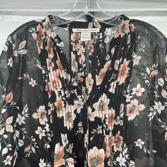 American Rag Womens Sheer Button Up Top Black/Multi Floral Size Medium - Picture 2 of 9